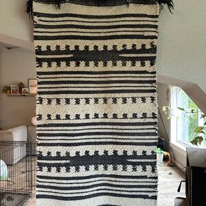 Handwoven Black and Cream Striped Rug Runner (38x19.5)